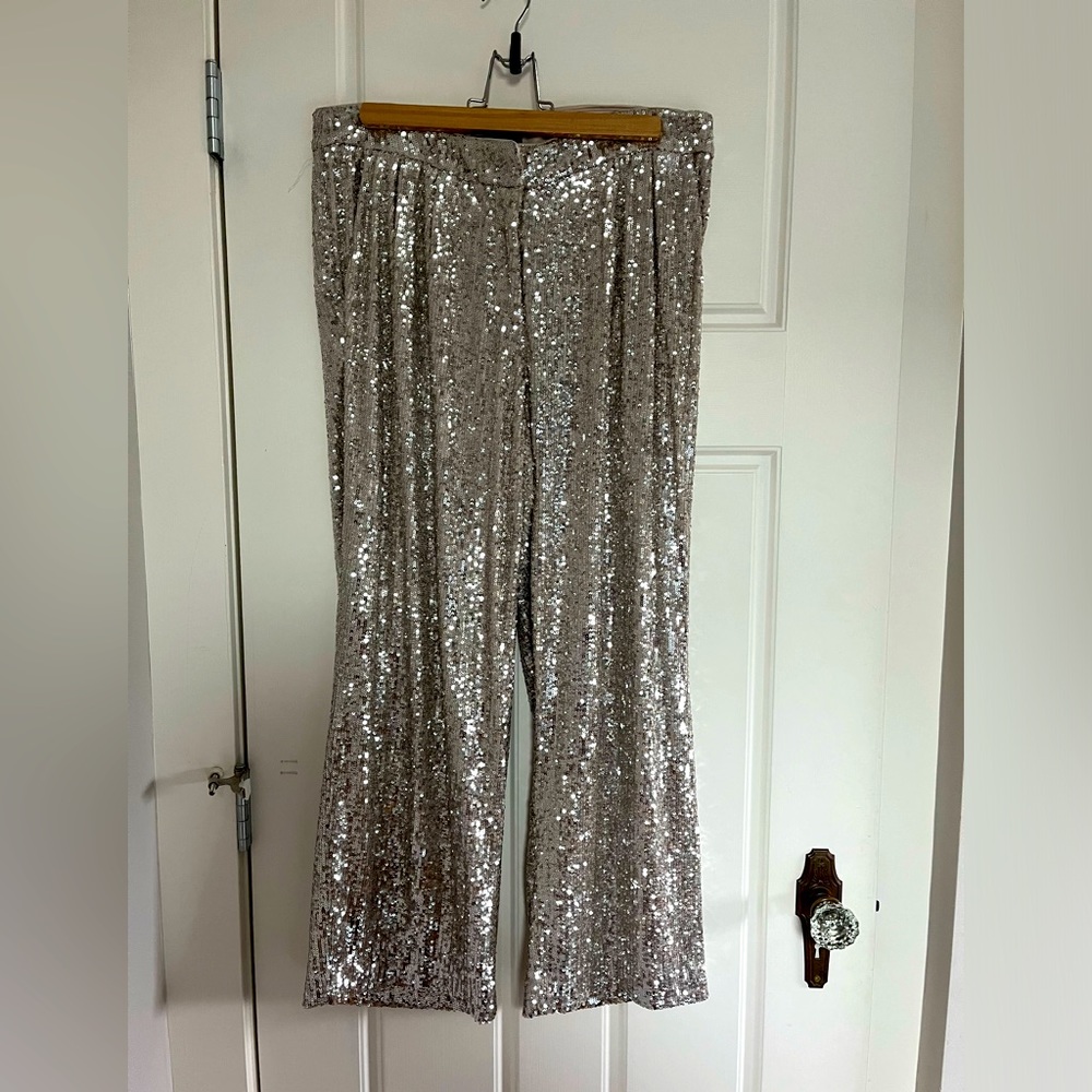 Silver sequin wide-leg pants, size M